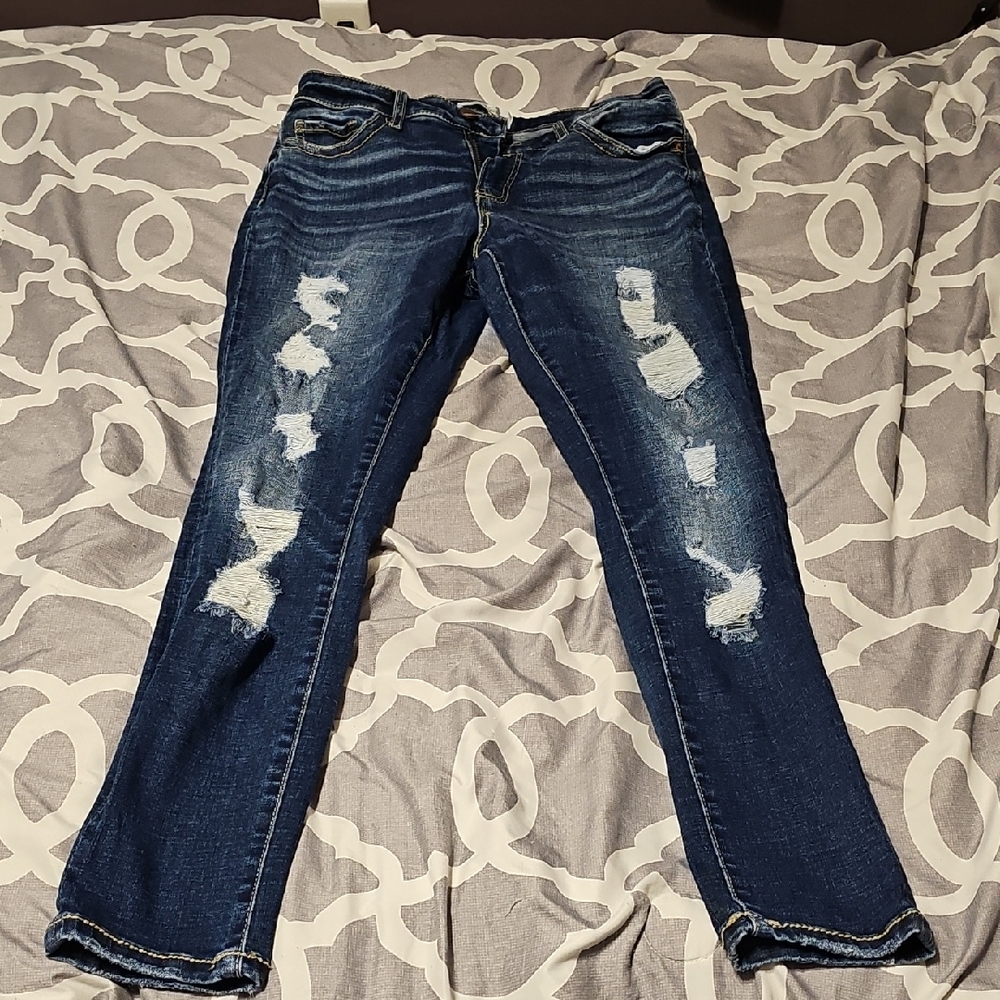 BKE Dark Blue Distressed Straight Leg Jeans